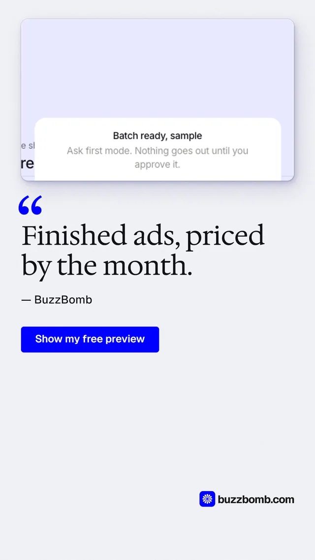 Instagram story for BuzzBomb: "Finished ads, priced by the month." Data card style, quote layout, light palette in white, blue.