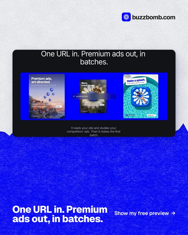 Instagram portrait post for BuzzBomb: "One URL in. Premium ads out, in batches." Paper trio style, image led layout, dark palette in blue.