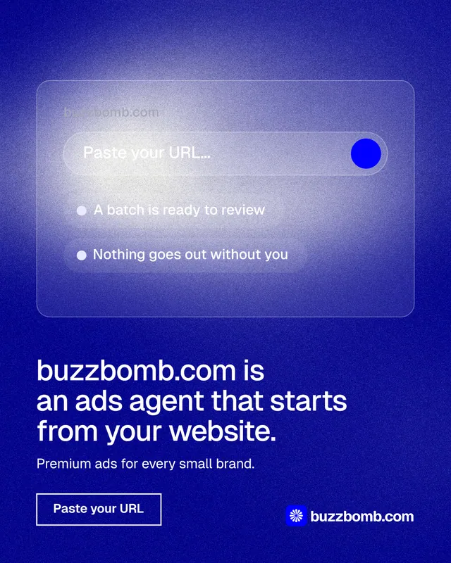 Instagram portrait post for BuzzBomb: "buzzbomb.com is an ads agent that starts from your website." Cyanotype style, bottom layout, dark palette in blue.