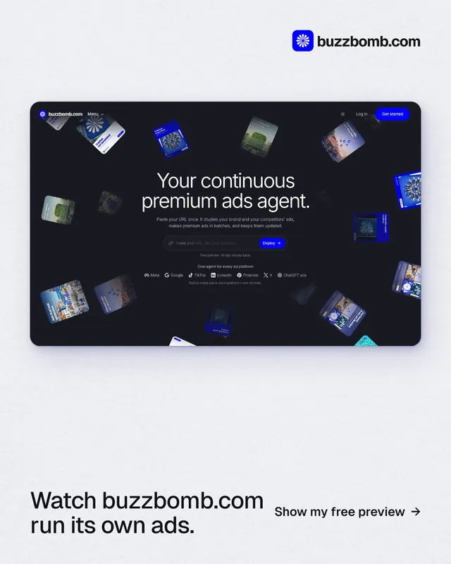 Instagram portrait post for BuzzBomb: "Watch buzzbomb.com run its own ads." Data card style, image led layout, light palette in black, white, grey.