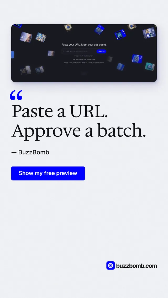 Instagram story for BuzzBomb: "Paste a URL. Approve a batch." Data card style, quote layout, light palette in white, grey.