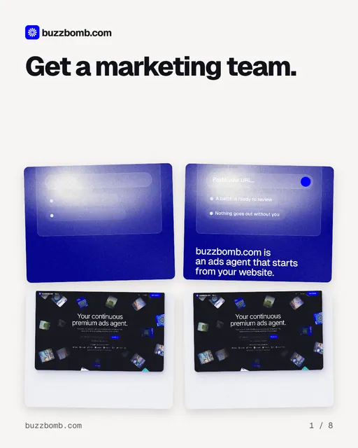 Carousel for BuzzBomb: "Get a marketing team.". Collection carousel, 8 slides, light palette.