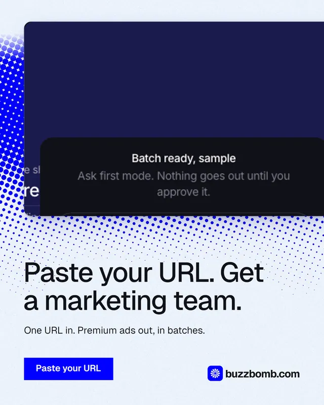 Instagram portrait post for BuzzBomb: "Paste your URL. Get a marketing team." Swiss style, bottom layout, light palette in white, blue.