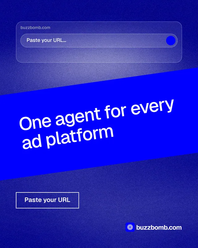 Instagram portrait post for BuzzBomb: "One agent for every ad platform". Cyanotype style, diagonal layout, dark palette in blue.