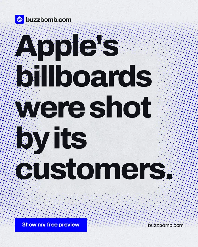 Instagram portrait post for BuzzBomb: "Apple's billboards were shot by its customers." Swiss style, poster layout, light palette in blue, grey, white.