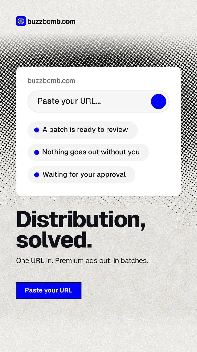 Instagram story for BuzzBomb: "Distribution, solved." Ink sticker style, bottom layout, light palette in white, grey.