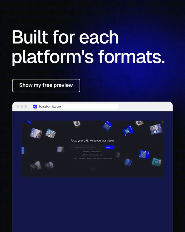 Instagram portrait post for BuzzBomb: "Built for each platform's formats." Phosphor atlas style, browser layout, dark palette in blue, black, grey.