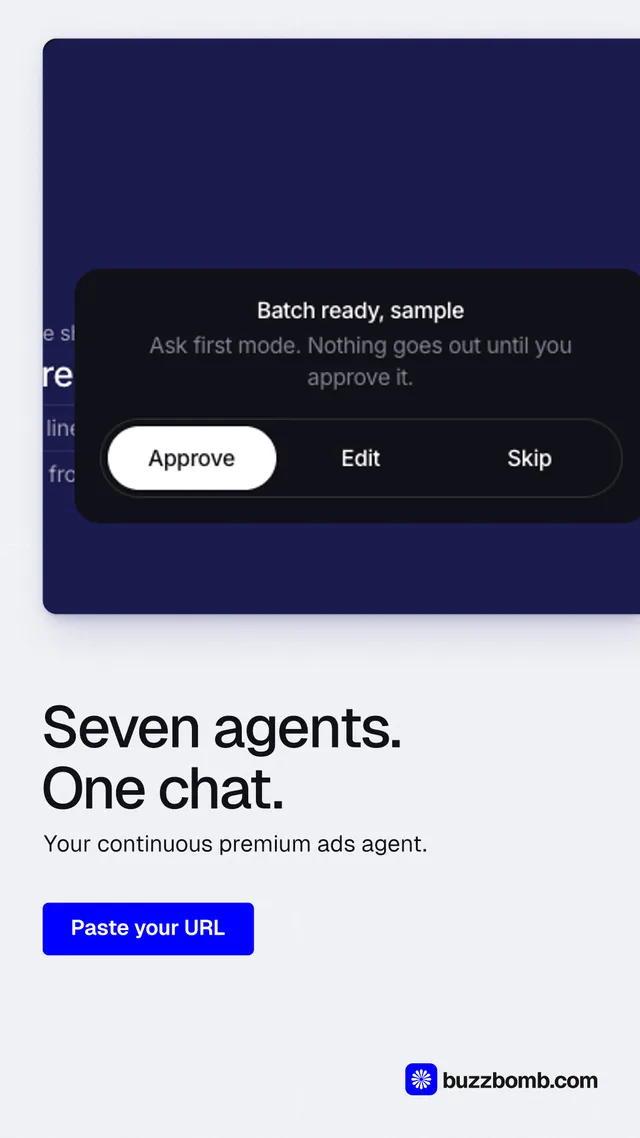 Instagram story for BuzzBomb: "Seven agents. One chat." Data card style, bottom layout, light palette in white, blue, black.