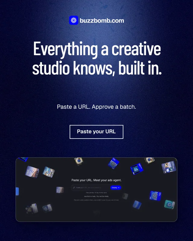Instagram portrait post for BuzzBomb: "Everything a creative studio knows, built in." Dark deco style, centred layout, dark palette in blue, black.