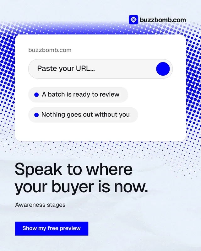 Instagram portrait post for BuzzBomb: "Speak to where your buyer is now." Swiss style, bottom layout, light palette in white, blue.
