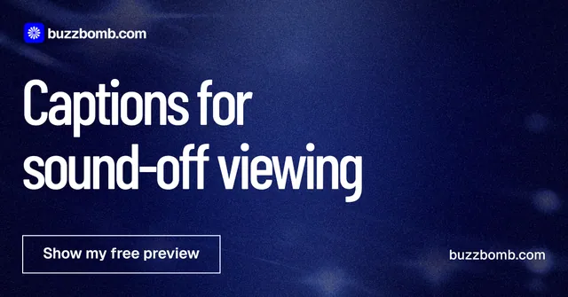 Social ad for BuzzBomb: "Captions for sound-off viewing". Dark deco style, poster layout, dark palette in black, blue, grey.