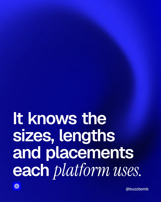 Instagram portrait post for BuzzBomb: "It knows the sizes, lengths and placements each platform uses." Auto 4x5 style, technique:shader field layout, dark palette in blue.