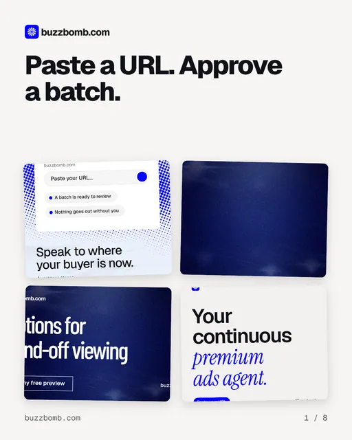 Carousel for BuzzBomb: "Paste a URL. Approve a batch.". Collection carousel, 8 slides, light palette.