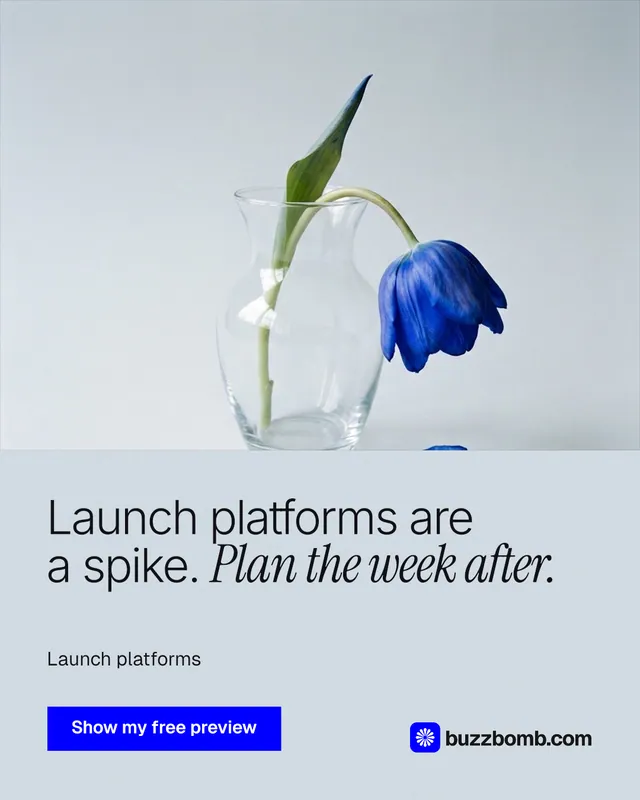 Instagram portrait post for BuzzBomb: "Launch platforms are a spike. Plan the week after." Swiss style, bottom layout, light palette in white, blue.