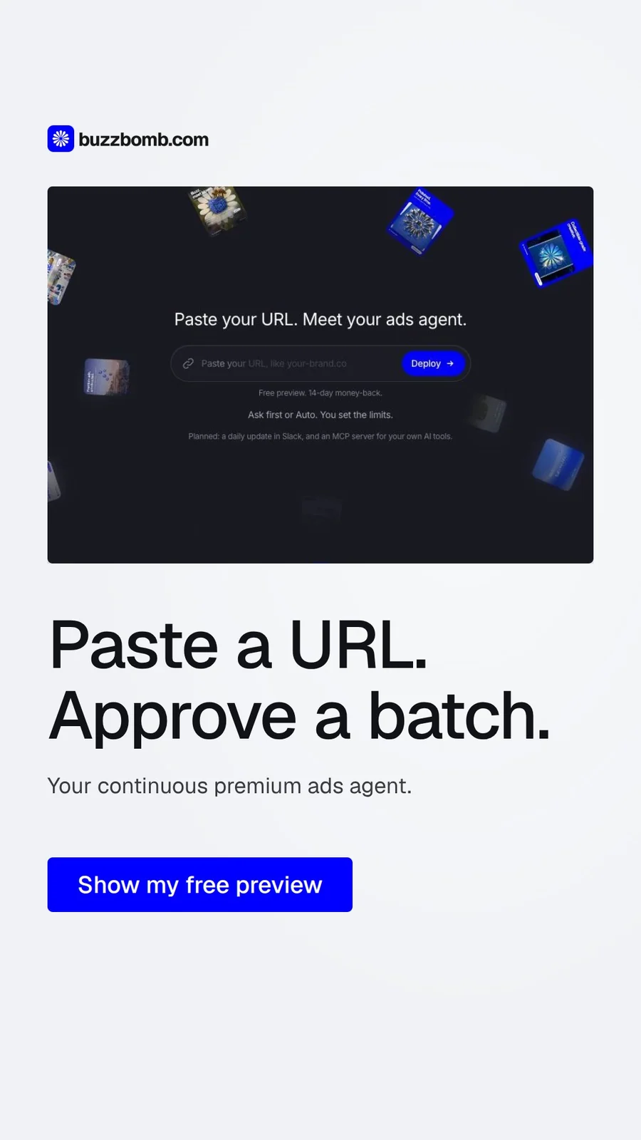 Video for BuzzBomb: "Paste a URL. Approve a batch.". Doc motion loop, 7.0 s, light palette.