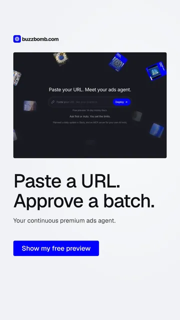 Video for BuzzBomb: "Paste a URL. Approve a batch.". Doc motion loop, 7.0 s, light palette.