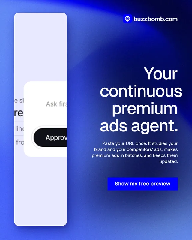 Instagram portrait post for BuzzBomb: "Your continuous premium ads agent." Swiss style, right layout, dark palette in blue, white.