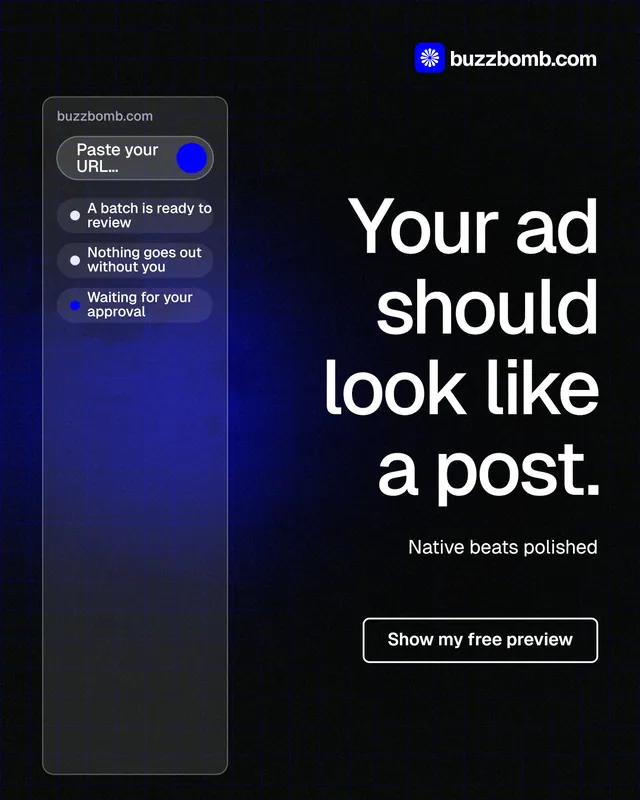Instagram portrait post for BuzzBomb: "Your ad should look like a post." Phosphor atlas style, right layout, dark palette in black, blue, grey.