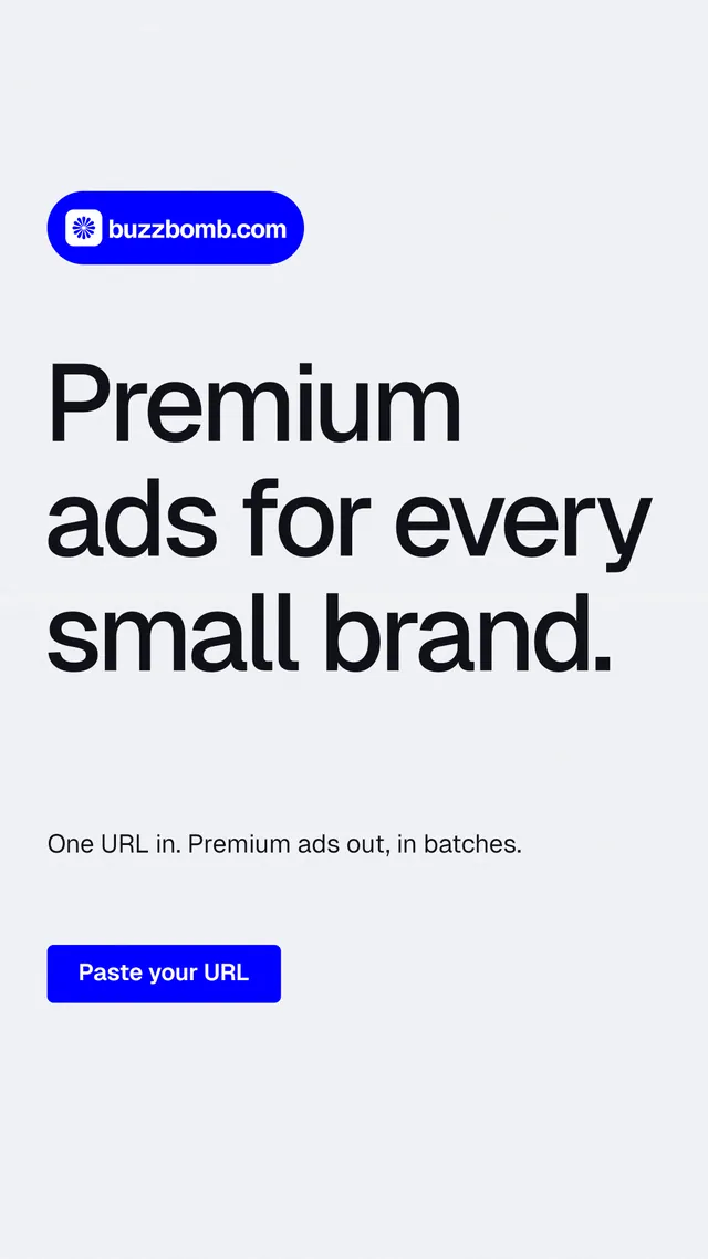 Instagram story for BuzzBomb: "Premium ads for every small brand." Data card style, announce layout, light palette in white, blue.