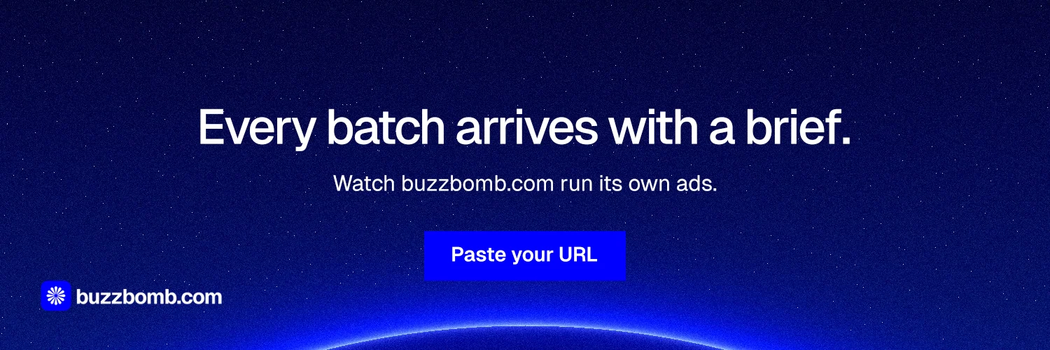 X header for BuzzBomb: "Every batch arrives with a brief." Swiss style, centred layout, dark palette in blue.