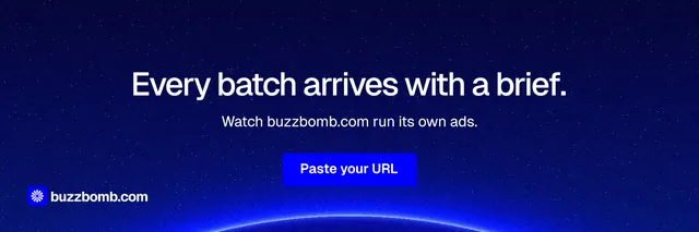 X header for BuzzBomb: "Every batch arrives with a brief." Swiss style, centred layout, dark palette in blue.