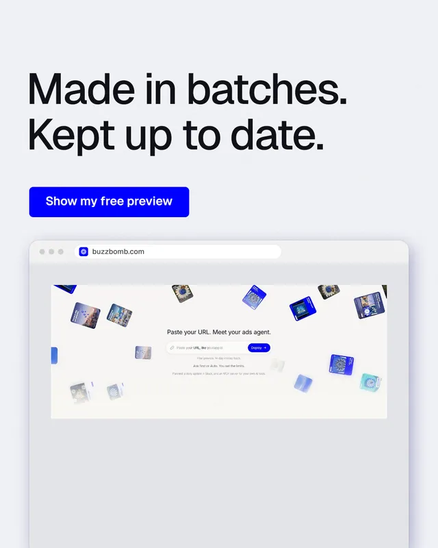 Instagram portrait post for BuzzBomb: "Made in batches. Kept up to date." Data card style, browser layout, light palette in white, blue.
