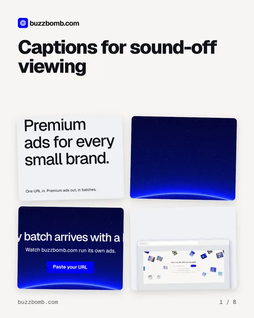 Carousel for BuzzBomb: "Captions for sound-off viewing". Collection carousel, 8 slides, light palette.