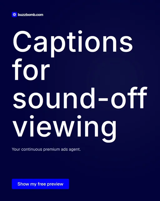 Video for BuzzBomb: "Captions for sound-off viewing". Doc motion loop, 6.0 s, dark palette.