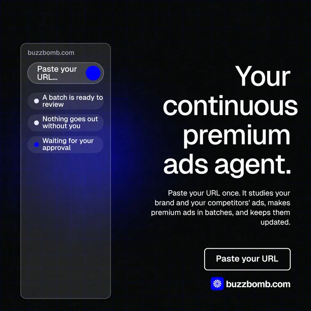 Instagram post for BuzzBomb: "Your continuous premium ads agent." Phosphor atlas style, right layout, dark palette in black, blue, grey.