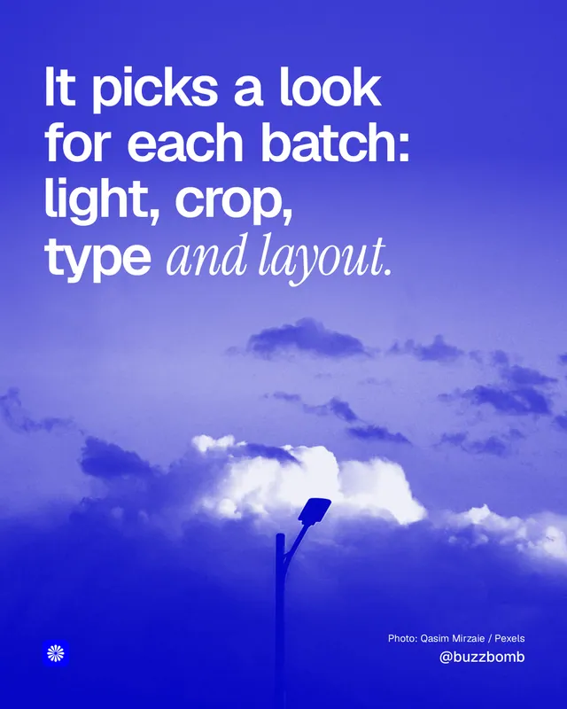 Instagram portrait post for BuzzBomb: "It picks a look for each batch: light, crop, type and layout." Duotone style, technique:pexels ingredient layout, dark palette in blue.