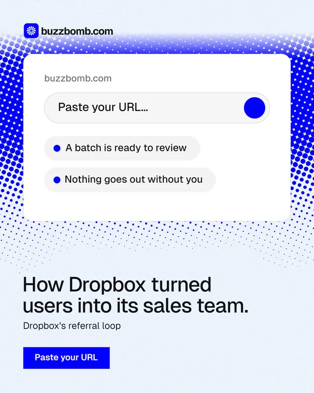 Instagram portrait post for BuzzBomb: "How Dropbox turned users into its sales team." Swiss style, bottom layout, light palette in white, blue.