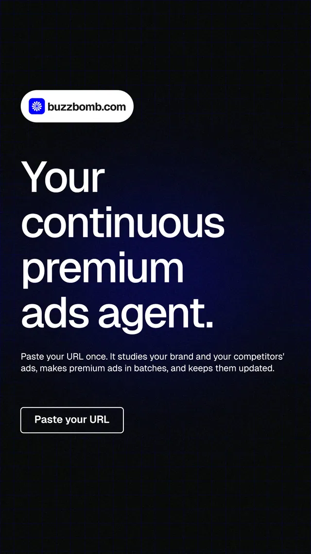 Instagram story for BuzzBomb: "Your continuous premium ads agent." Phosphor atlas style, announce layout, dark palette in black, grey.
