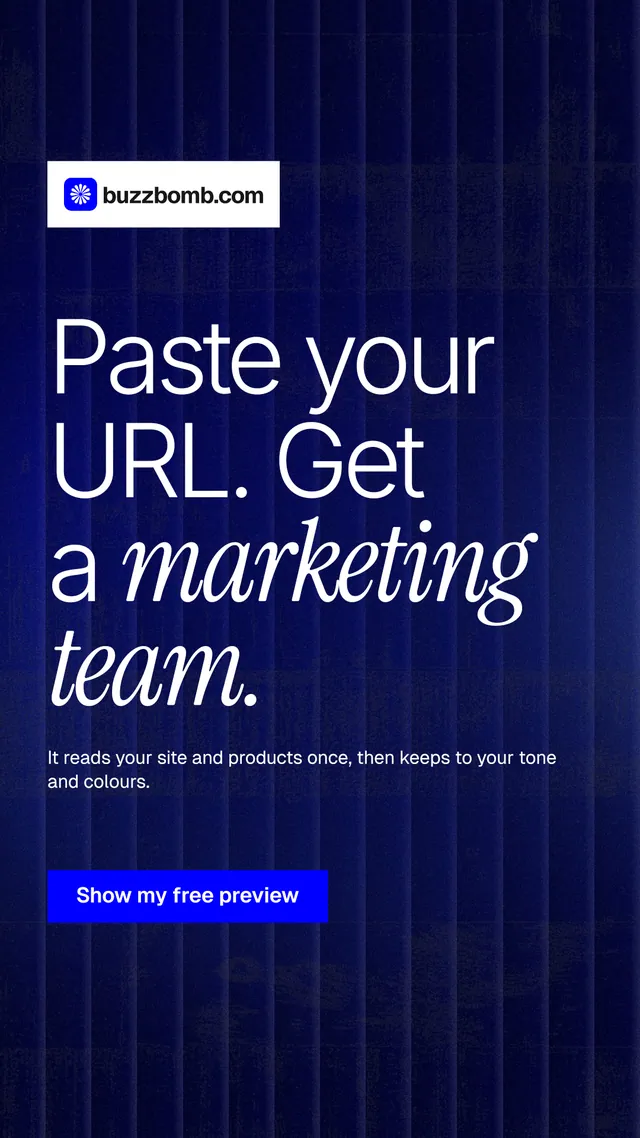 Instagram story for BuzzBomb: "Paste your URL. Get a marketing team." Swiss style, announce layout, dark palette in black, blue.
