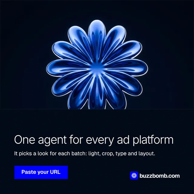 Instagram post for BuzzBomb: "One agent for every ad platform". Swiss style, bottom layout, dark palette in black, blue.