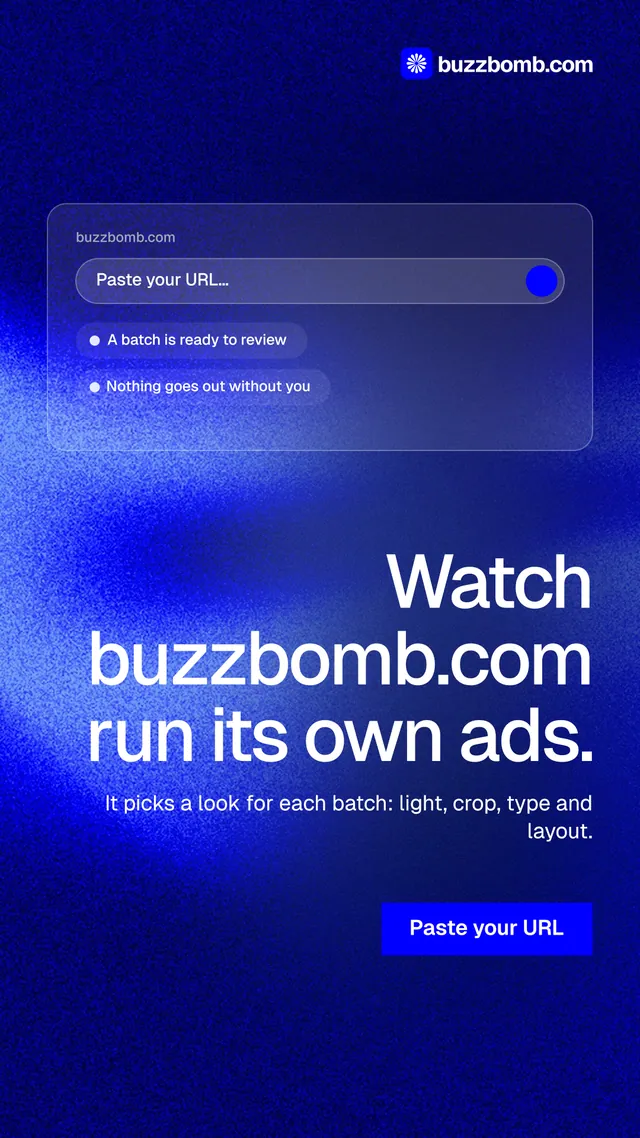 Instagram story for BuzzBomb: "Watch buzzbomb.com run its own ads." Swiss style, right layout, dark palette in blue.