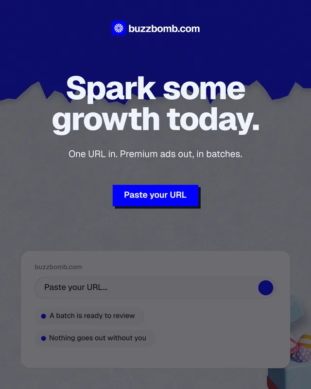 Instagram portrait post for BuzzBomb: "Spark some growth today." Paper trio style, centred layout, dark palette in grey, blue.