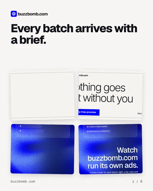 Carousel for BuzzBomb: "Every batch arrives with a brief.". Collection carousel, 8 slides, light palette.