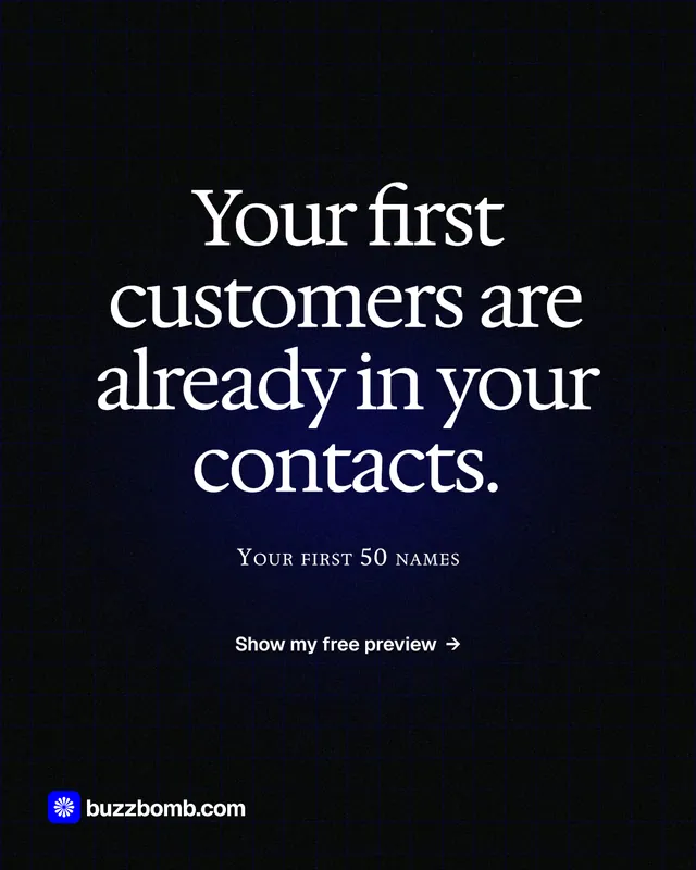 Instagram portrait post for BuzzBomb: "Your first customers are already in your contacts." Phosphor atlas style, smallcaps layout, dark palette in black, grey.