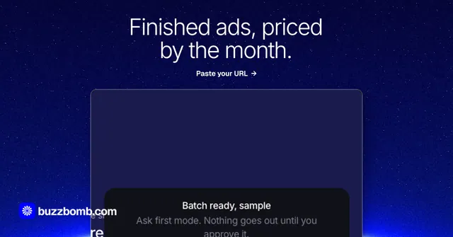 Social ad for BuzzBomb: "Finished ads, priced by the month." Swiss style, ogui layout, dark palette in blue.