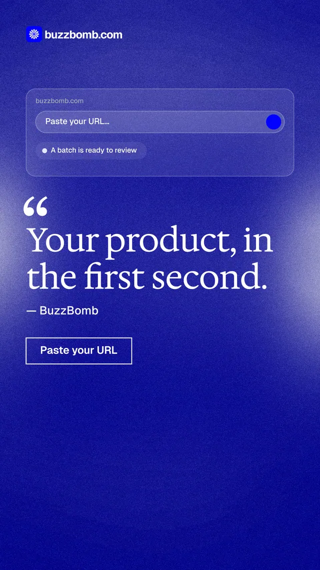 Instagram story for BuzzBomb: "Your product, in the first second." Cyanotype style, quote layout, dark palette in blue.