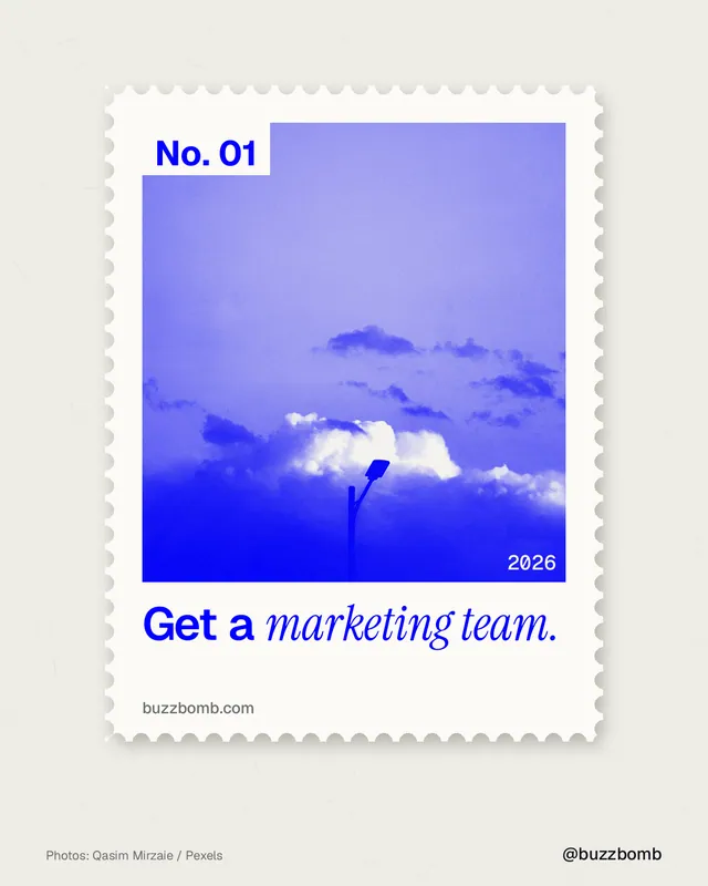 Instagram portrait post for BuzzBomb: "Get a marketing team." Single style, technique:stamp series layout, light palette in yellow, blue, white.