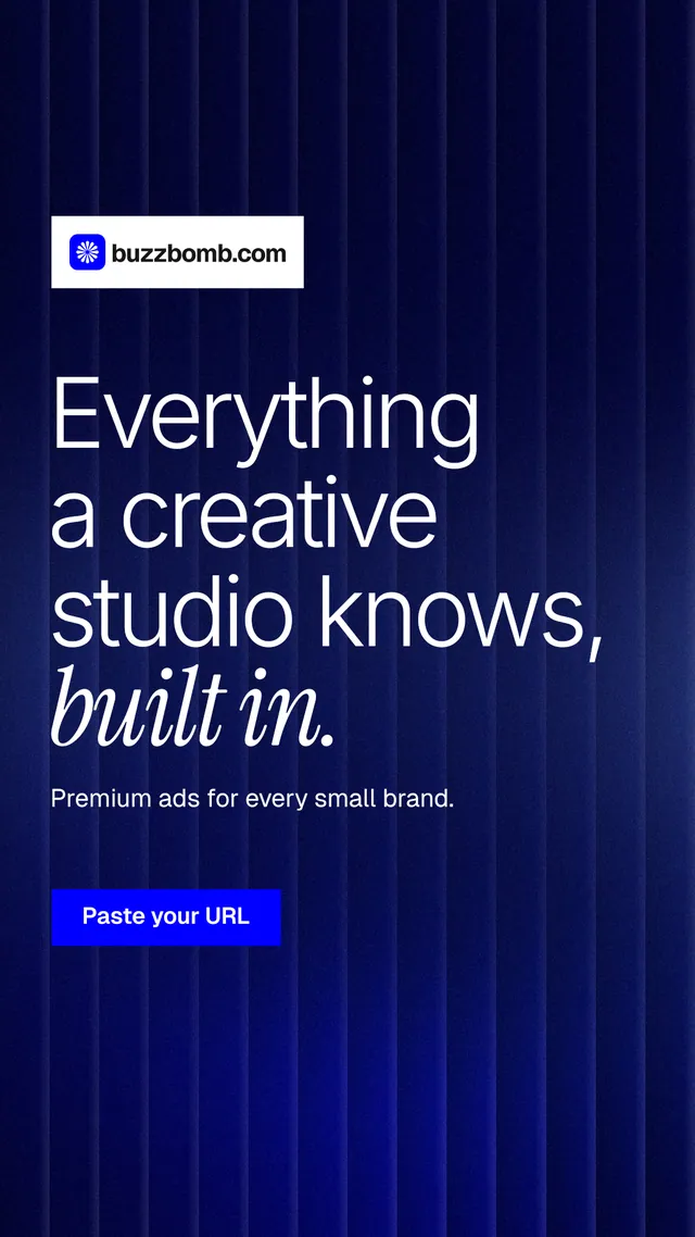 Instagram story for BuzzBomb: "Everything a creative studio knows, built in." Swiss style, announce layout, dark palette in black, blue, grey.