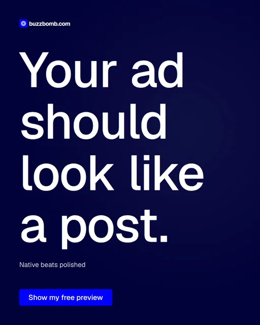 Video for BuzzBomb: "Your ad should look like a post.". Doc motion loop, 8.0 s, dark palette.