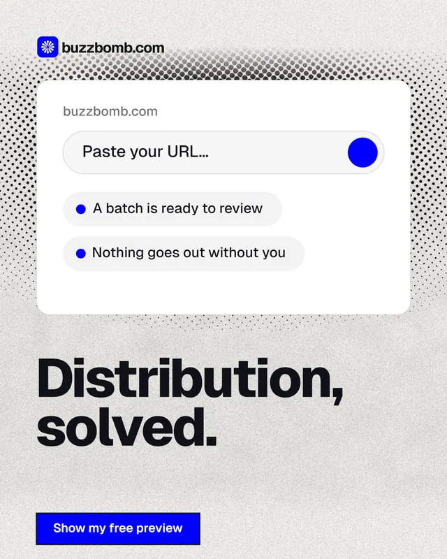 Instagram portrait post for BuzzBomb: "Distribution, solved." Ink sticker style, bottom layout, light palette in white, grey.