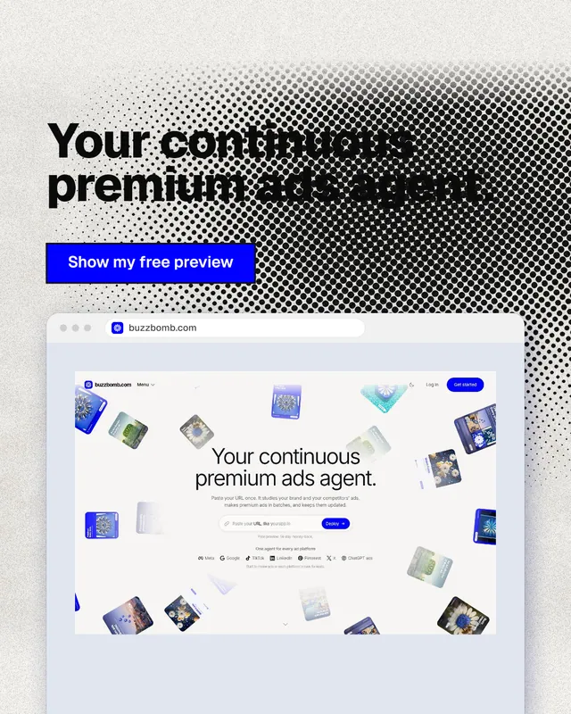 Instagram portrait post for BuzzBomb: "Your continuous premium ads agent." Ink sticker style, browser layout, light palette in blue, grey, white.