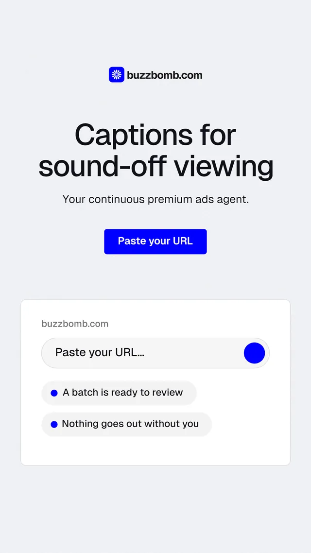 Instagram story for BuzzBomb: "Captions for sound-off viewing". Data card style, centred layout, light palette in white, blue.