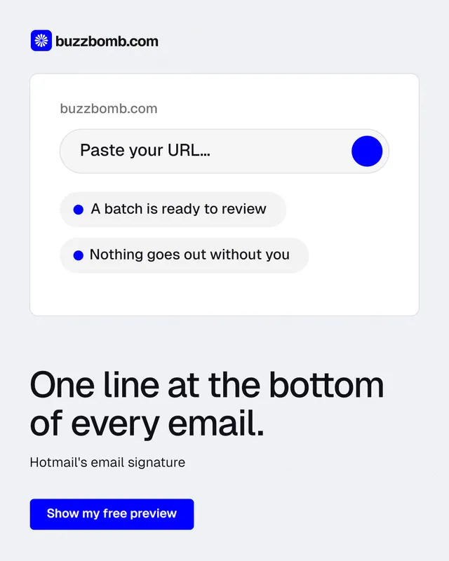 Instagram portrait post for BuzzBomb: "One line at the bottom of every email." Data card style, bottom layout, light palette in white, blue.