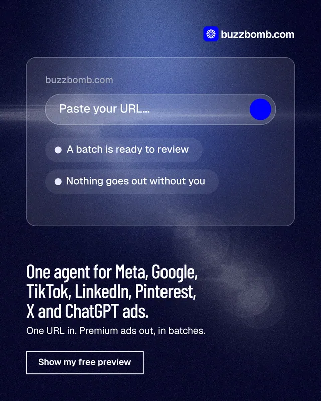 Instagram portrait post for BuzzBomb: "One agent for Meta, Google, TikTok, LinkedIn, Pinterest, X and ChatGPT ads." Dark deco style, bottom layout, dark palette in blue, black.
