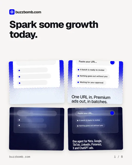 Carousel for BuzzBomb: "Spark some growth today.". Collection carousel, 8 slides, light palette.