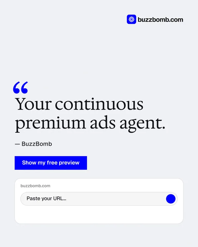 Instagram portrait post for BuzzBomb: "Your continuous premium ads agent." Swiss style, quote layout, light palette in white, blue.